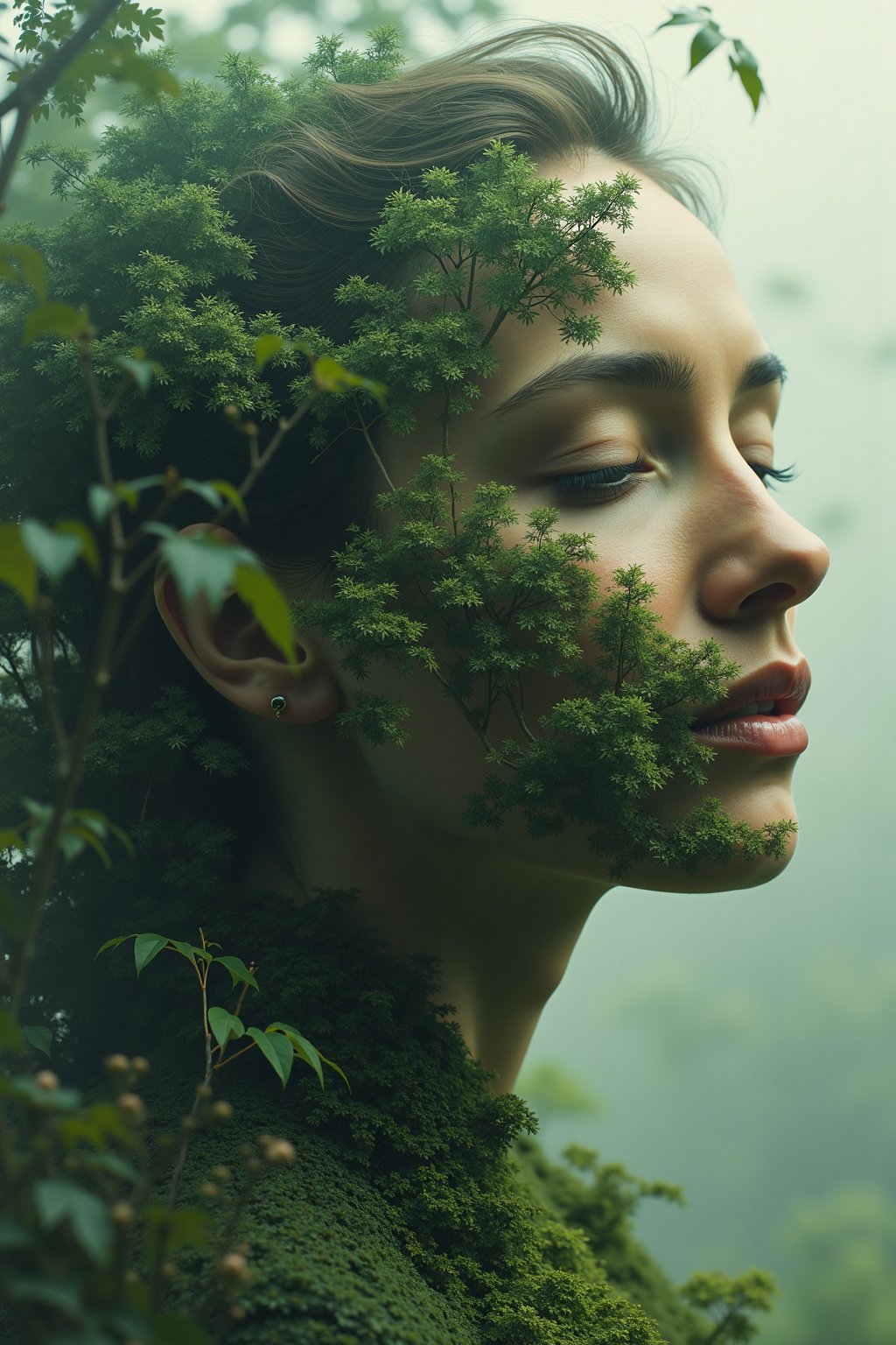 A portrait of a woman with her eyes closed, blended with a forest landscape. Trees and leaves are visible through her hair and around her face, creating a dreamlike, nature-infused image,in the style of CNSTLL