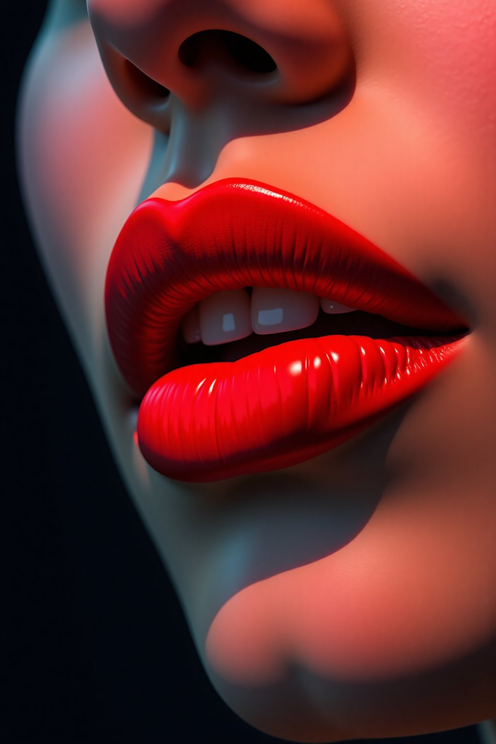 Focus on a beautiful girl's lips, with a bold, bright lip color and a bold, graphic shape, set against a dark, contrasting background to make the color pop