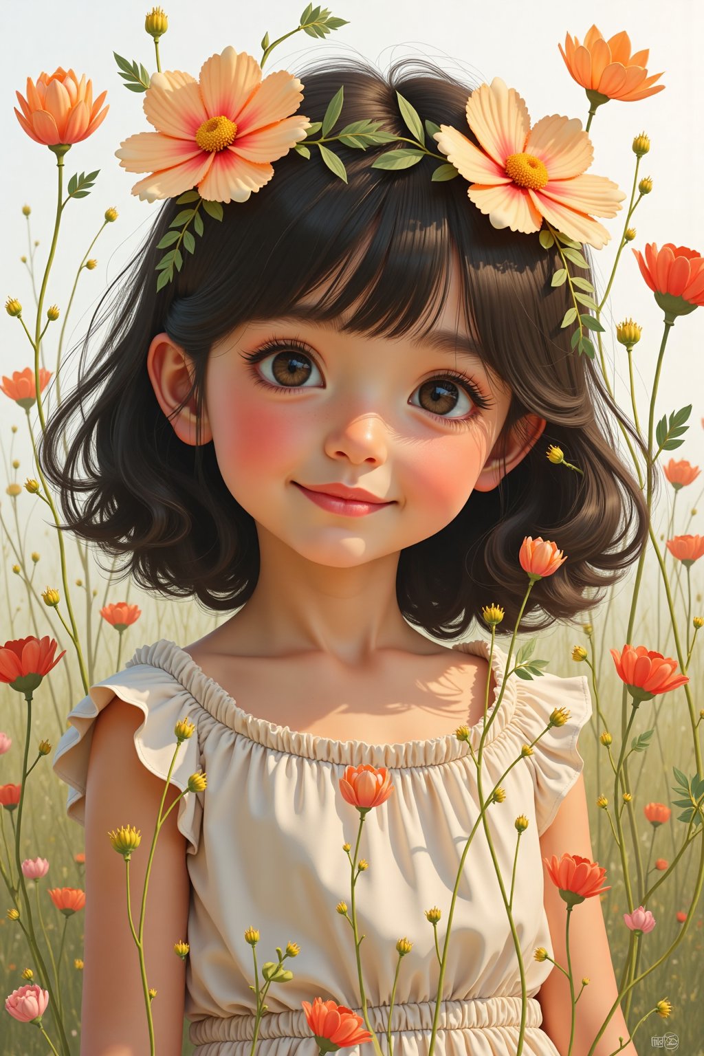 A portrait of a young girl with a gentle smile, overlaid with a field of blooming flowers. Petals and stems intertwine with her hair and clothing, creating a whimsical and ethereal look,in the style of CNSTLL