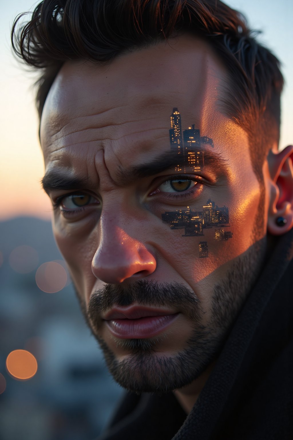 A close-up portrait of a man with a serious expression, combined with a cityscape at sunset. Skyscrapers and city lights blend seamlessly with his facial features, giving a sense of urban intensity,in the style of CNSTLL