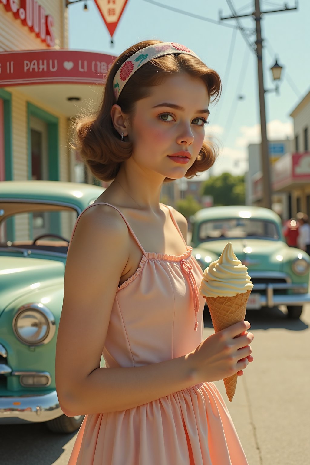 Create an image of a girl in a 1950s-style dress, standing in front of an old-fashioned ice cream parlor. The setting is a quaint, small town with pastel-colored buildings and a classic car parked nearby. The girl holds a cone of vanilla ice cream, her face lit by the warm, nostalgic ambiance of the scene.