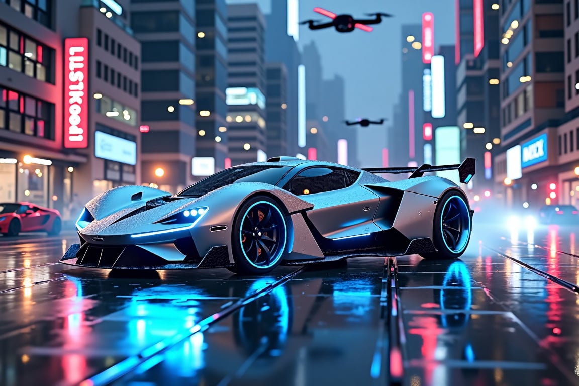 A futuristic silver hypercar with neon blue accents, hovering above a neon-lit city street at night, with skyscrapers and flying drones in the background,in the style of CNSTLL