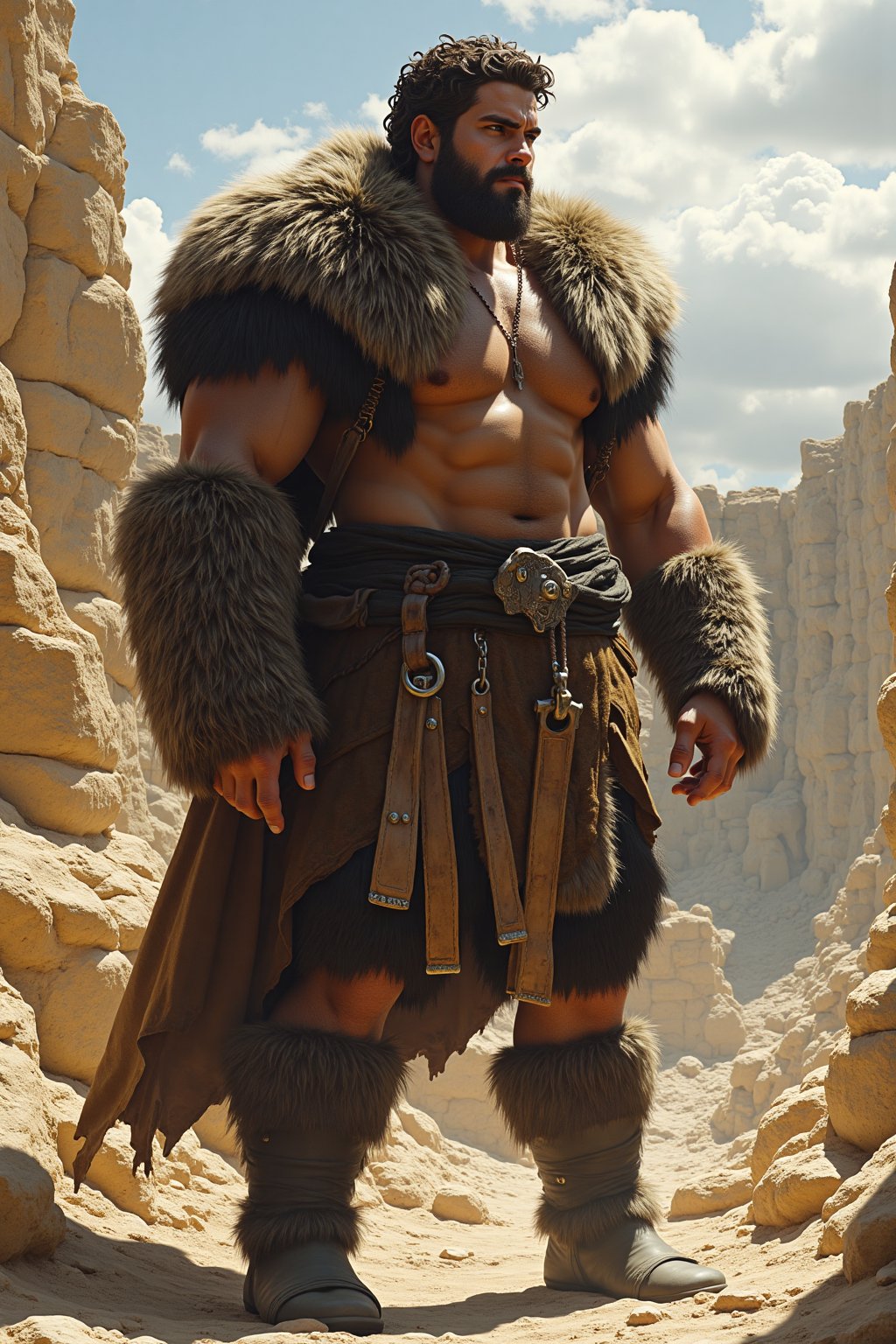 A towering figure, a behemoth of a man stands amidst ancient ruins, circa 800 AD. His massive frame, cloaked in rough-hewn furs, dominates the dusty landscape as he gazes out upon the crumbling structures. Golden sunlight casts long shadows across his rugged features, highlighting the strong lines of his face and the fierce glint in his eye.