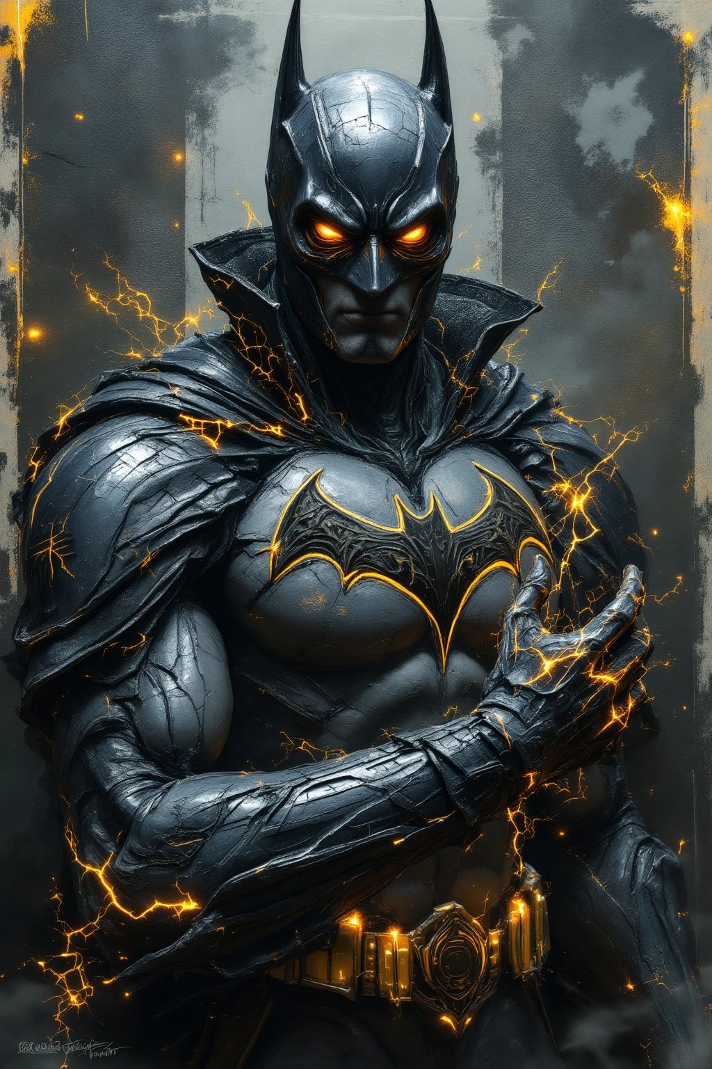 Batman, urban Comics, black and gold flag ornaments, Marvel, sci fi, highly technology, iconographic, glitch background, , watercolor, ink, mist, interactive image, highly detailed, art style by Clayton Crain + Ross Tran + Rachel Walpole + Jeszika Le Vye + Dan Volbert + Simon Stalenhag + Brian Stelfreeze,in the style of CNSTLL