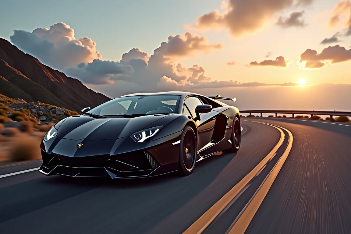 A sleek black Lamborghini Aventador SVJ driving on a winding mountain road at sunset, with a dramatic sky and clouds in the background.,in the style of CNSTLL