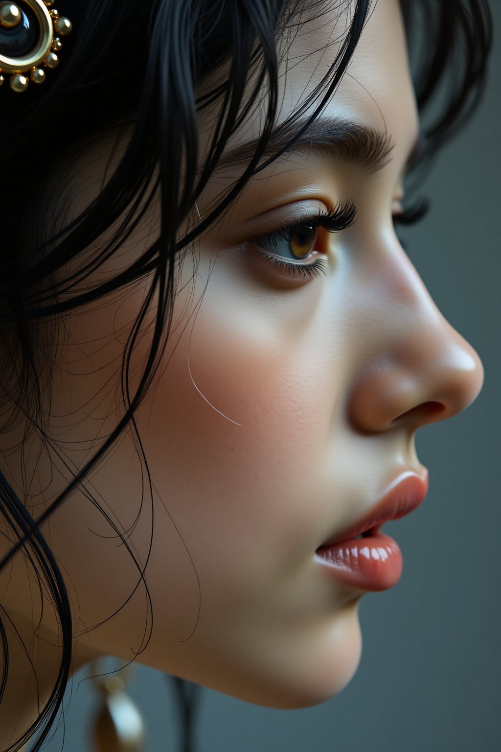 An artistic, close-up profile shot of a gorgeous girl with a perfect nose, high cheekbones, and full lips, accentuated by a unique hairstyle and eye-catching jewelry that adds depth and intrigue to the image.