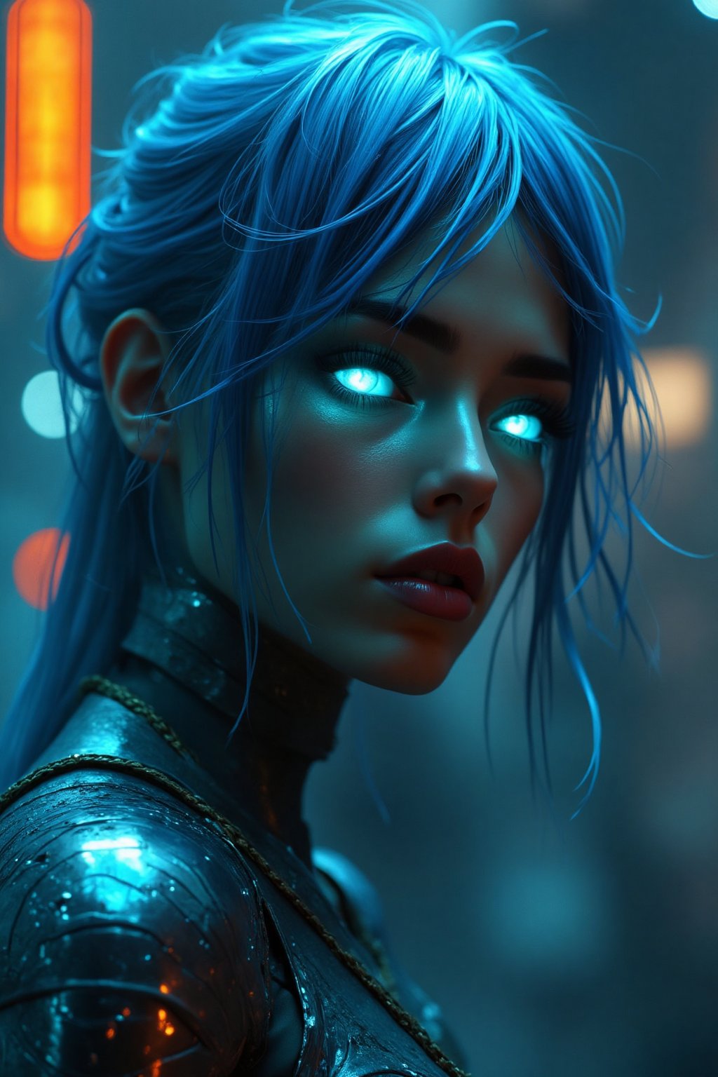 A futuristic close-up of a woman in a sleek suit, her blue hair styled in a chic bob. She's a cyborg with silver metallic plating on her arms and torso, glistening under the dim blue lighting. Her piercing green eyes gleam as she gazes directly at the camera, her facial expression a perfect blend of confidence and curiosity. The framing is tight, focusing on her striking features amidst the intricate cybernetic enhancements. In the background, a cityscape's neon lights hum with energy, reflecting off the metallic surfaces of her suit.,in the style of CNSTLL