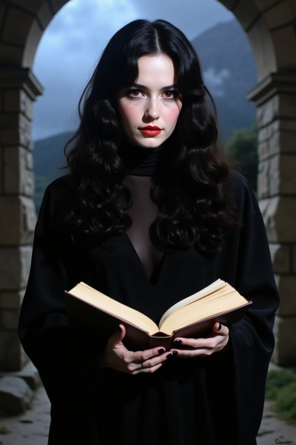 ArsMovieStill, 80s Fantasy Movie Still, The image is a portrait of a woman with long dark hair and red eyes. She is wearing a black dress with a high neckline and long sleeves. The woman is holding an open book in her hands and appears to be engrossed in it. The background is dark and cloudy with a stone archway visible in the distance. The overall mood of the image is mysterious and eerie., 1girl, black hair, red eyes, solo, long hair, book, black nails, looking at viewer, open book, nail polish