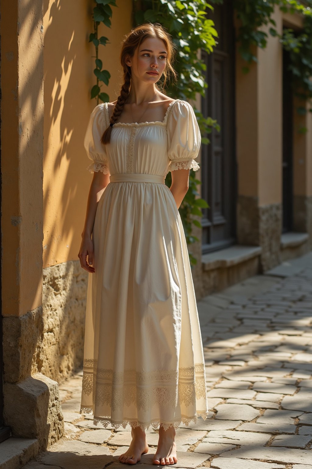 A delicate, ivory-skinned maiden stands poised on a dusty, cobblestone street, circa 1650. A wispy, lace-trimmed apron adorns her slender form, as she gazes wistfully into the distance. Soft, golden light casts long shadows, accentuating the lines of her antique dress and the soft curves of her features. The background is a warm, honey-toned stone wall, adorned with lush greenery and weathered ivy.