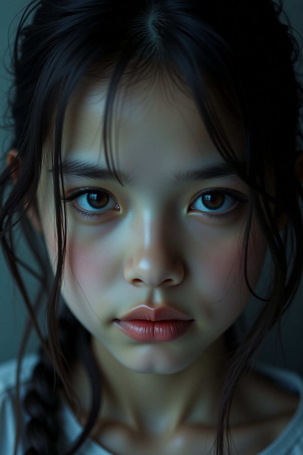 Capture a intense, close-up shot of a beautiful girl's eyes, looking directly at the camera with a piercing gaze, with a shallow depth of field and a dark, moody background.,in the style of CNSTLL