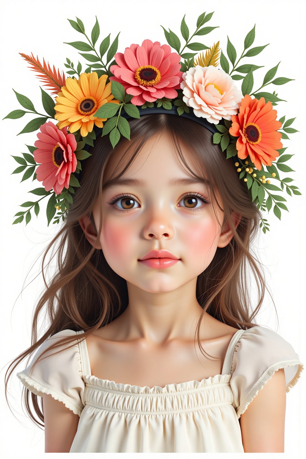 Create a whimsical, artistic portrait of a beautiful girl wearing a floral crown, with a mix of colorful flowers and greenery surrounding her face, set against a soft, white background