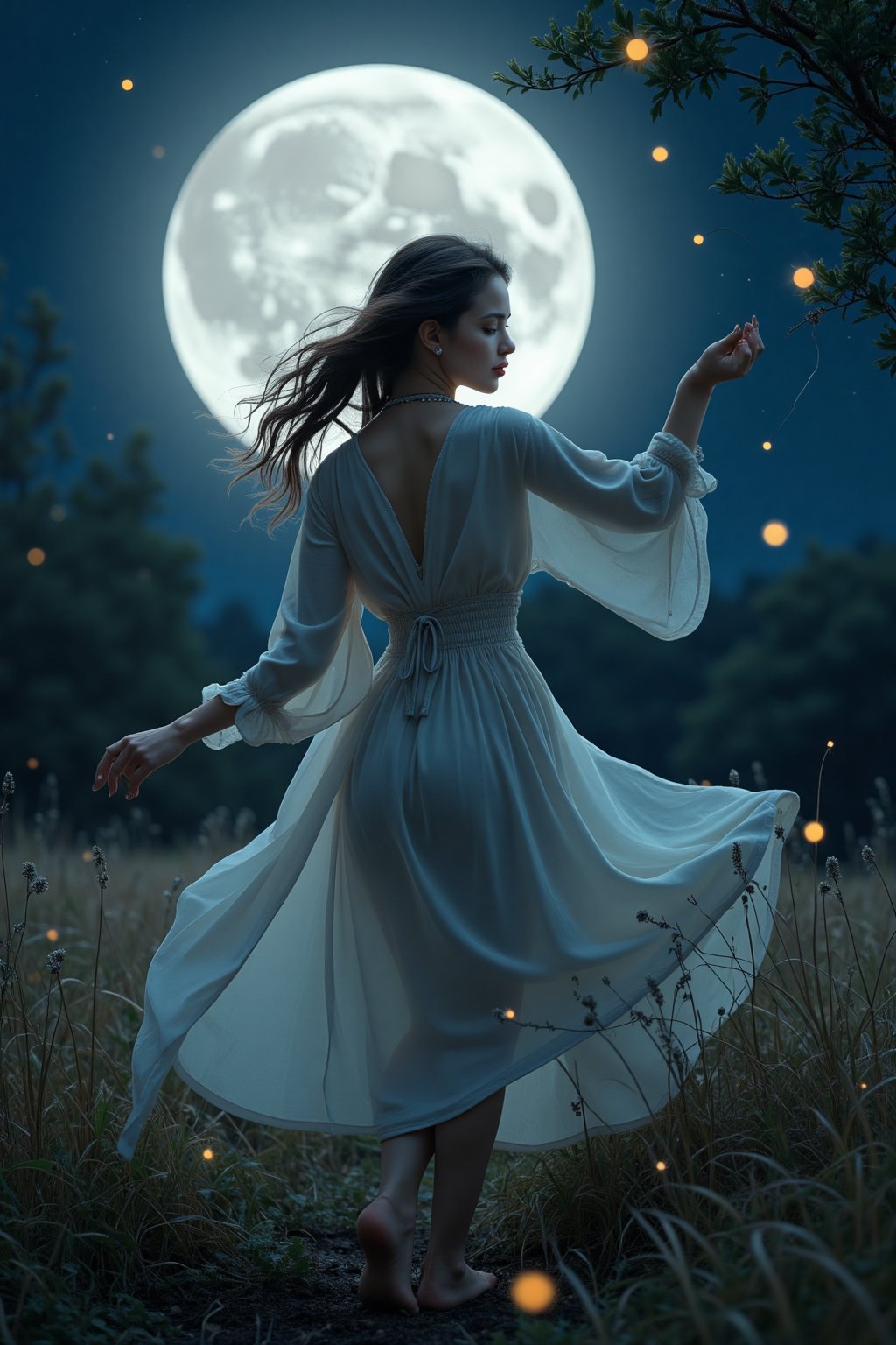 Imagine a girl dancing alone under the full moon in a secluded clearing. Her movements are graceful and fluid, as if she is in perfect harmony with the natural world. The moonlight casts a silvery glow on her, and fireflies dance around her, adding a touch of magic to the scene.