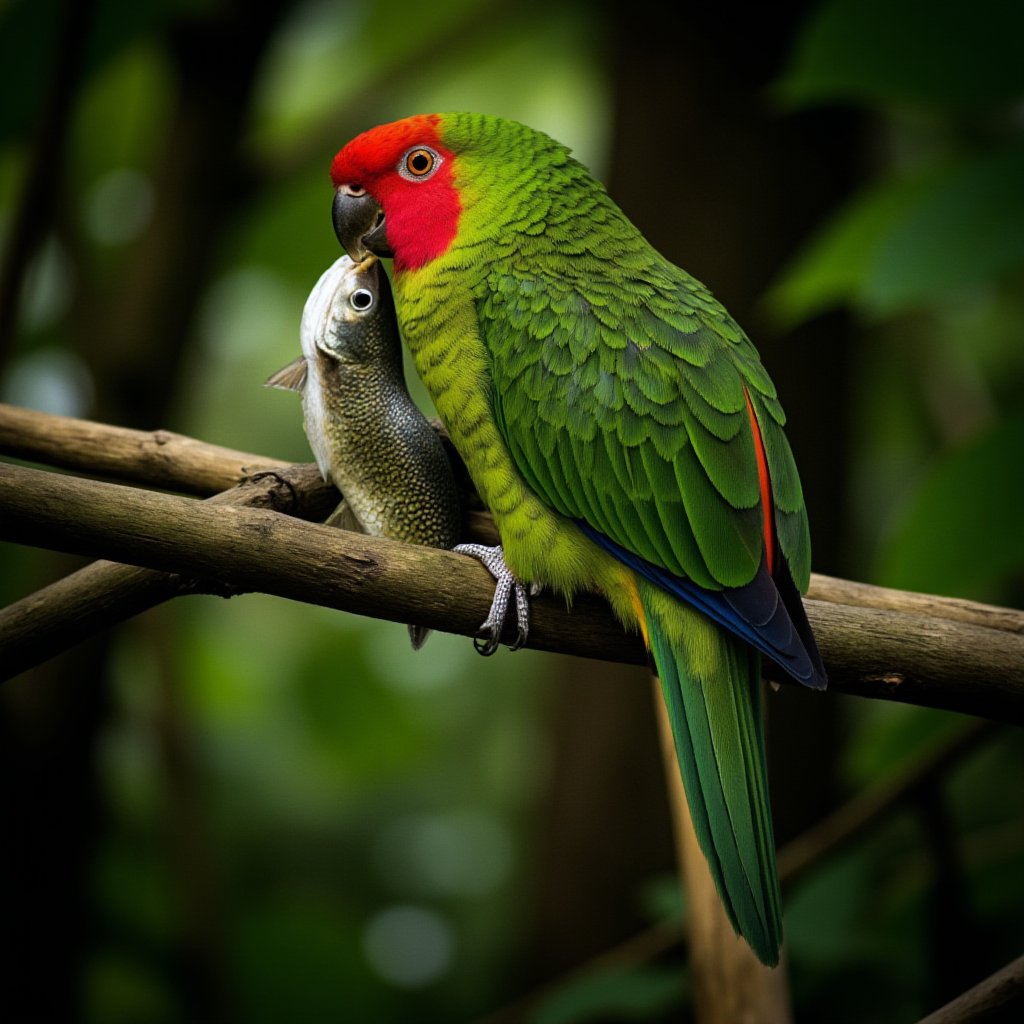 (((an amazin parrot in a national park catching a fish)))

beautiful perfect feet
The parrot sits on a branch in the jungle. It has caught a big fat fish with its beak
In the background a snake sneaks up on the parrot
