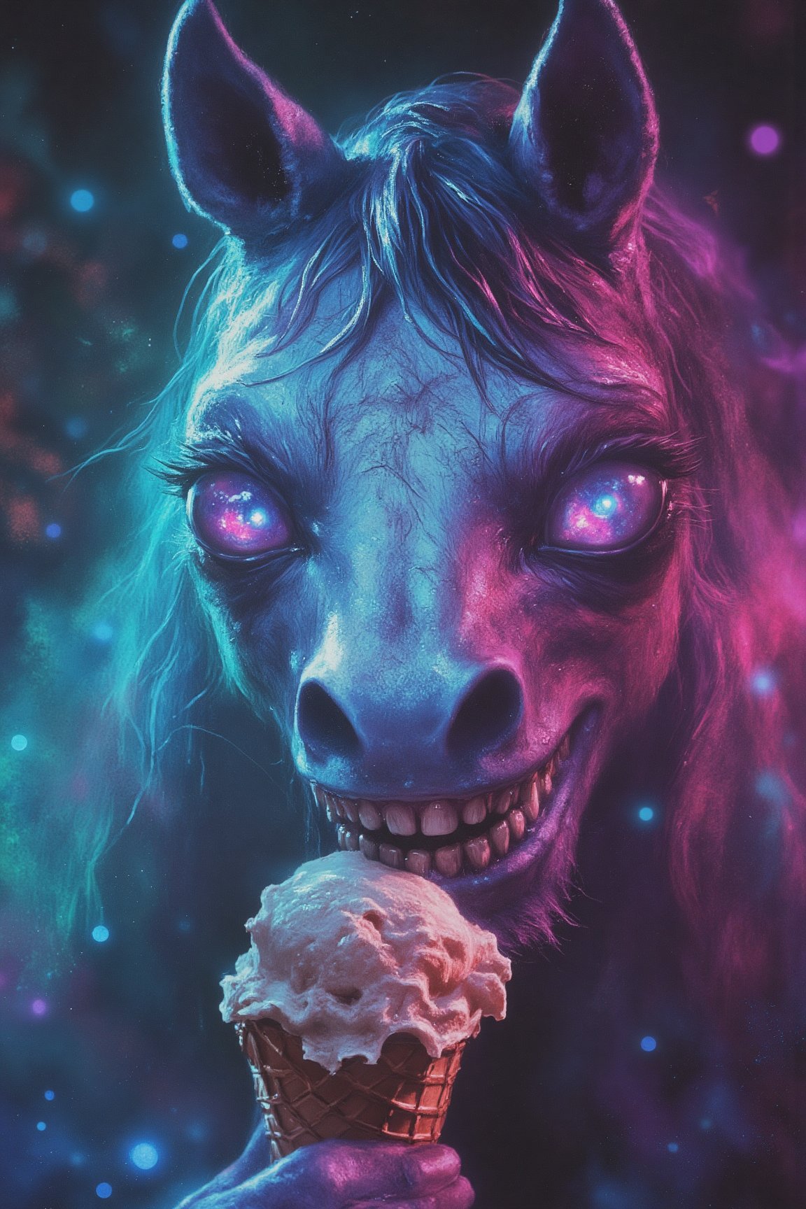 A close-up portrait of a quirky, humorous phantom in a vibrant yet slightly eerie dystopian setting, featuring realistic yet lively colors. The scene captures an intricate and elegant style with playful details—perhaps the phantom has a wide, mischievous grin or exaggerated, expressive eyes. The background is detailed, showing a foggy, atmospheric landscape filled with bright light particles, a slight film grain, and dust motes floating around. The overall look is sharp, smooth, and textured, with a vintage touch. The setting and character maintain a balance between dark tones and bursts of vivid color, adding an amusing contrast to the ghostly theme. 

Sharp picture, High quality, perfect composition, exaggerated.

The phantom is a horse
The phantom is also enjoying a very tasty and appealing Ice cream cone, moment of bliss