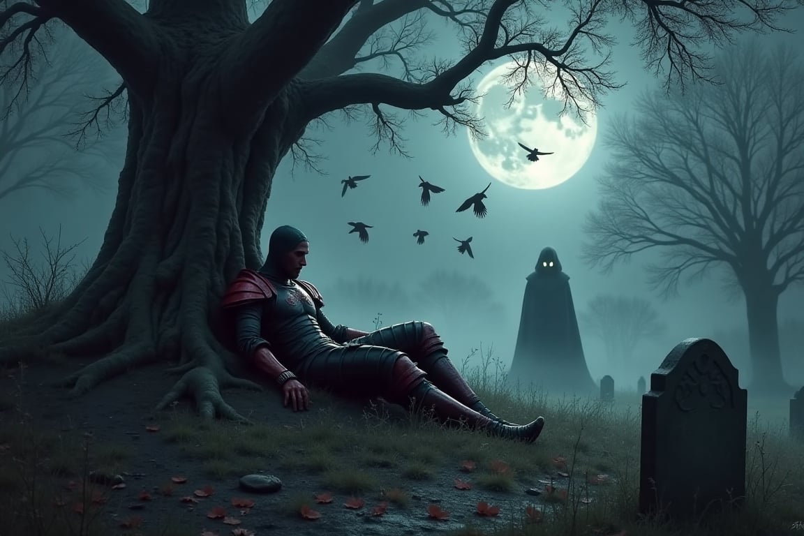 High quality, perfect composition

In a misty, moonlit clearing, a fallen warrior lies propped against a twisted tree, black and red armor gleaming dully. Ravens gather around as a ghostly figure with hollow eyes watches, half-hidden in the shadows. in the foreground: a tombstone, partly out of frame.

Mythical, eerie creatures, and medieval, dark fantasy worlds.

Style: Dark fantasy with gothic visuals, marked by rich, deep colors and highly detailed characters,
in the style of Gerald Brom