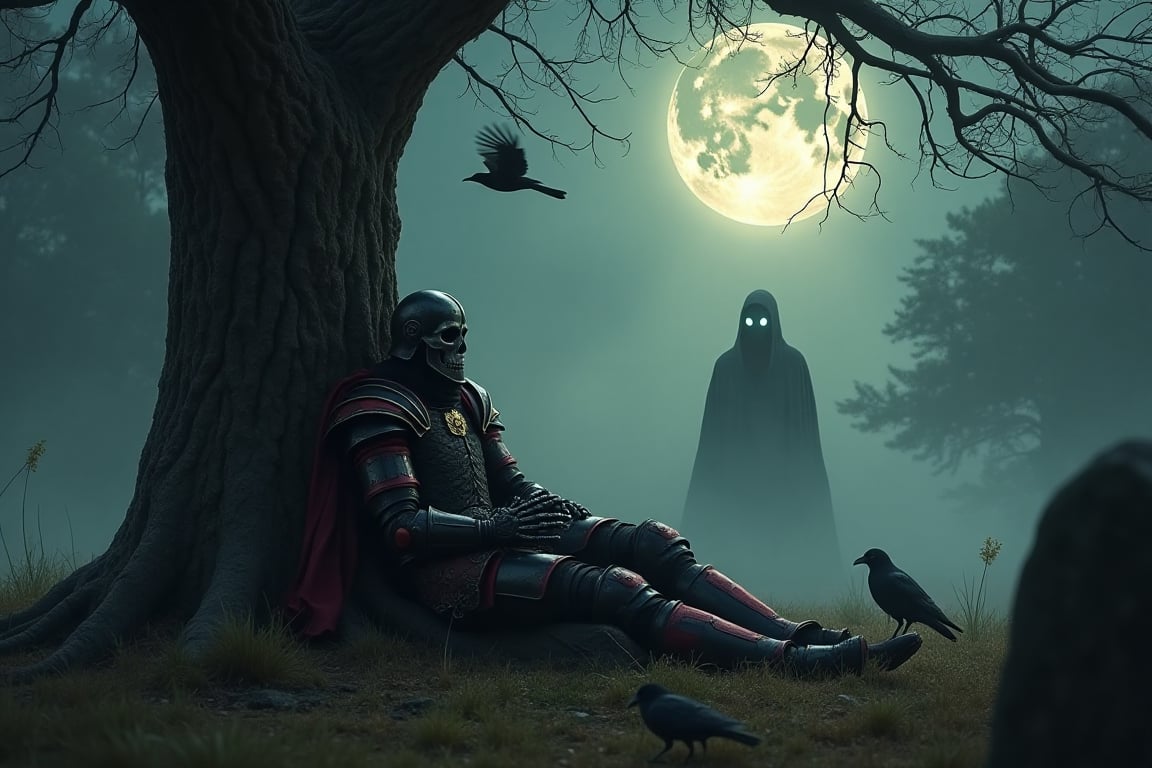 High quality, perfect composition

In a misty, moonlit clearing, a fallen warrior lies propped against a twisted tree, black and red armor gleaming dully. Ravens gather around as a ghostly figure with hollow eyes watches, half-hidden in the shadows. in the foreground: a tombstone, partly out of frame.

Mythical, eerie creatures, and medieval, dark fantasy worlds.

Warm colours, The picture shows an anti hero, he is an undead skeleton and very aesthetic

Style: Dark fantasy with gothic visuals, marked by rich, deep colors and highly detailed characters,
in the style of Gerald Brom