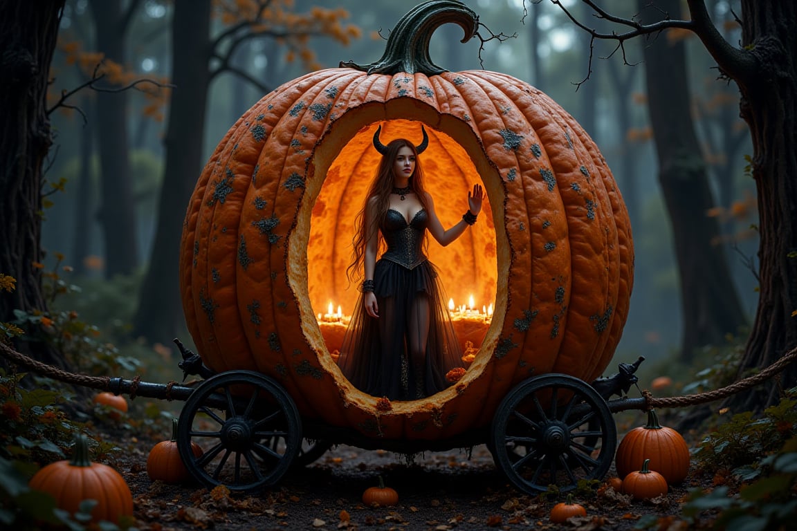 We see a single,  old carriage in front of us. The carriage is built around a pumpkin and you can see inside through a gap...