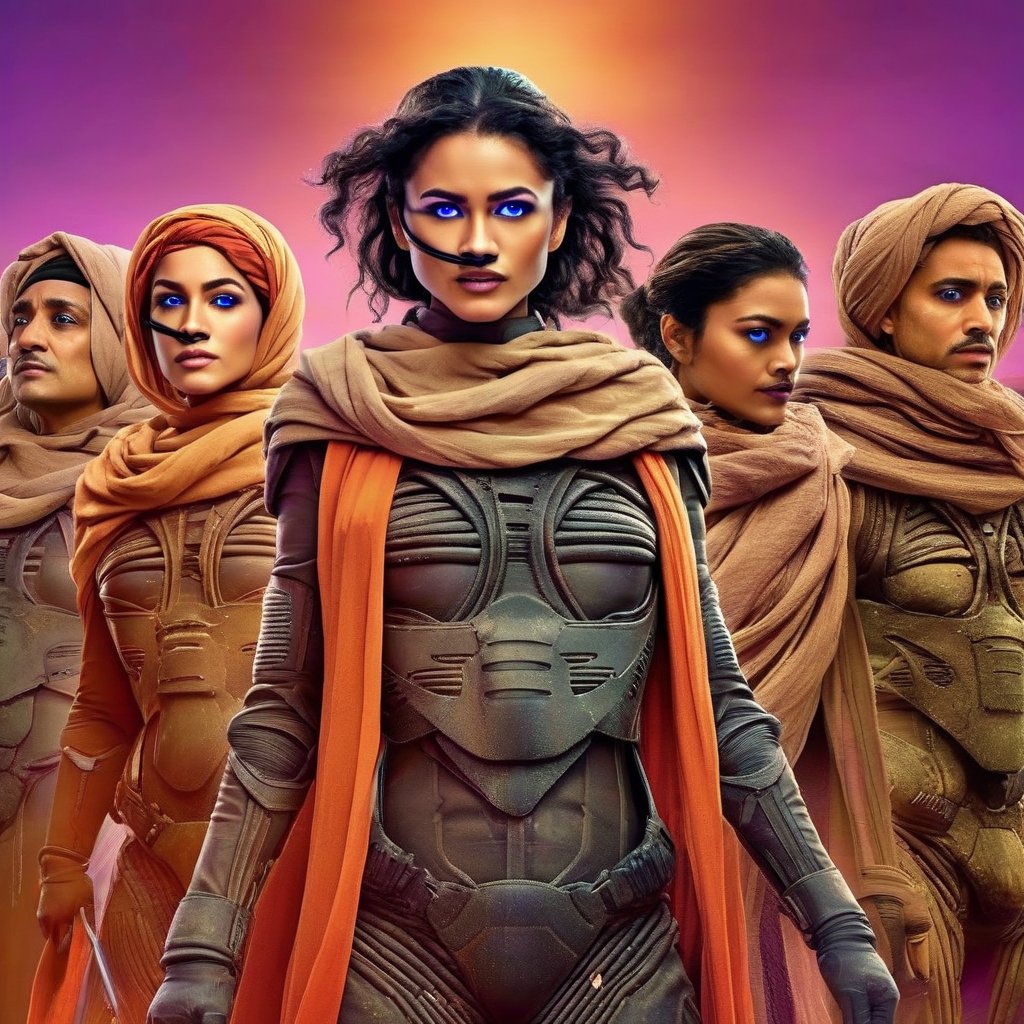 ((((SF-Comedy Movieposter with fashionable Fremen in colourful clothes))))
Masterful, perfect lighting, uhd,

chani, indoor, very heroic pose, wearing colourful suit clothes that look very fashionable, (black) nose plug, scarf (over her hair)
crowd,
the lighting and composition reflect the epic heroic atmosphere