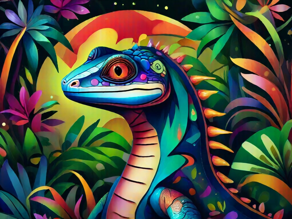 In this stunning art portrait of an extremely skinny komodo dragon, a striking blend of geometric shapes and swirling patterns is brought to life by the masterful work of Gaudi, Dalí and Mc Esher. 
The extremely skinny komodo dragon is as artistic, as it is also cute and funny. The background is a jungle with lianas and exotic plants. 

The picture is mesmerizing and intriguing. Its a masterful work of composition and colours,AAr3s1nfl0w,vspop