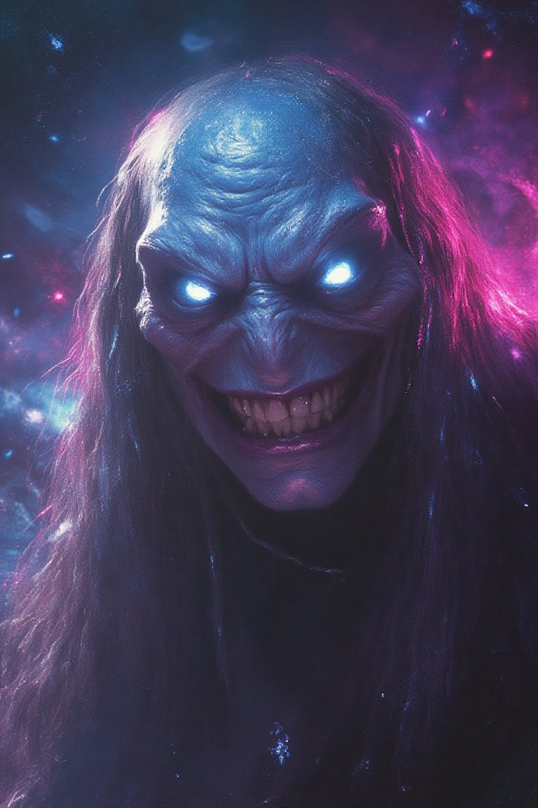 A close-up portrait of a quirky, humorous phantom in a vibrant yet slightly eerie dystopian setting, featuring realistic yet lively colors. The scene captures an intricate and elegant style with playful details—perhaps the phantom has a wide, mischievous grin or exaggerated, expressive eyes. The background is detailed, showing a foggy, atmospheric landscape filled with bright light particles, a slight film grain, and dust motes floating around. The overall look is sharp, smooth, and textured, with a vintage touch. The setting and character maintain a balance between dark tones and bursts of vivid color, adding an amusing contrast to the ghostly theme.