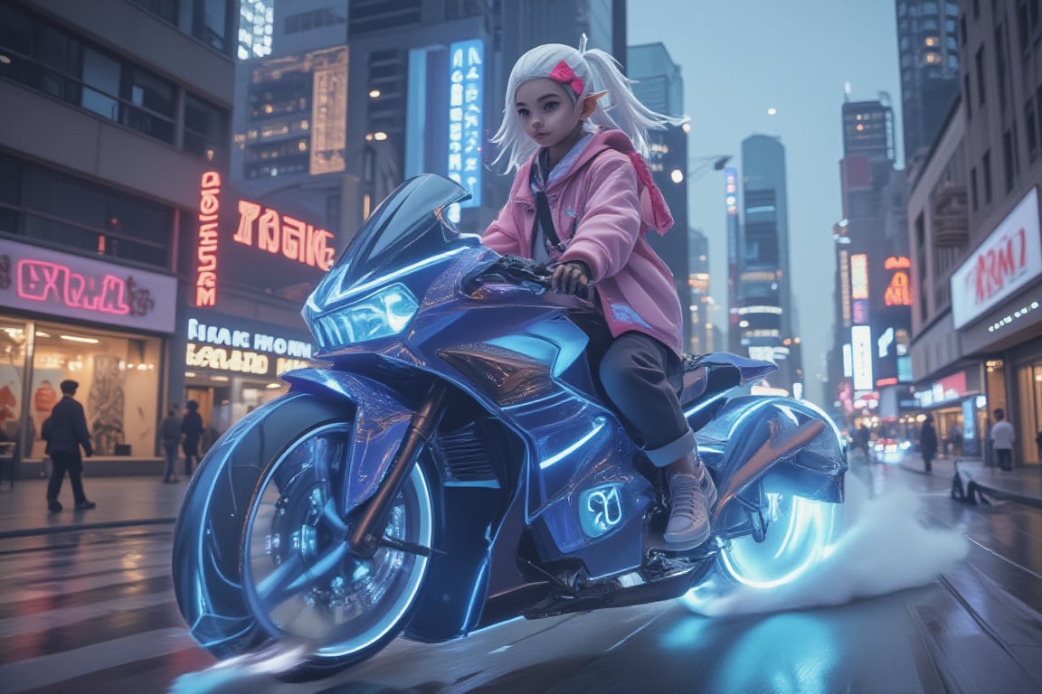 A vivid, animated scene featuring a girl on a futuristic wheelless motorbike. The main subject is a young girl, and she is driving the motorbike that is hovering in the air while driving through a futuristic city. The motorbike has a futuristic blue metallic colour with glitter. The girl, wearing a pink hello kitty hoody and a lilac bow in her white stark hair. She has dark skin, darker then any dark imaginable and pointed ears, as she is a drow.,Neon,neon