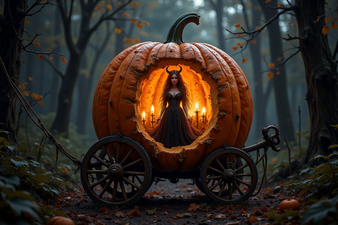We see a single,  old carriage in front of us. The carriage is built around a pumpkin and you can see inside through a gap...