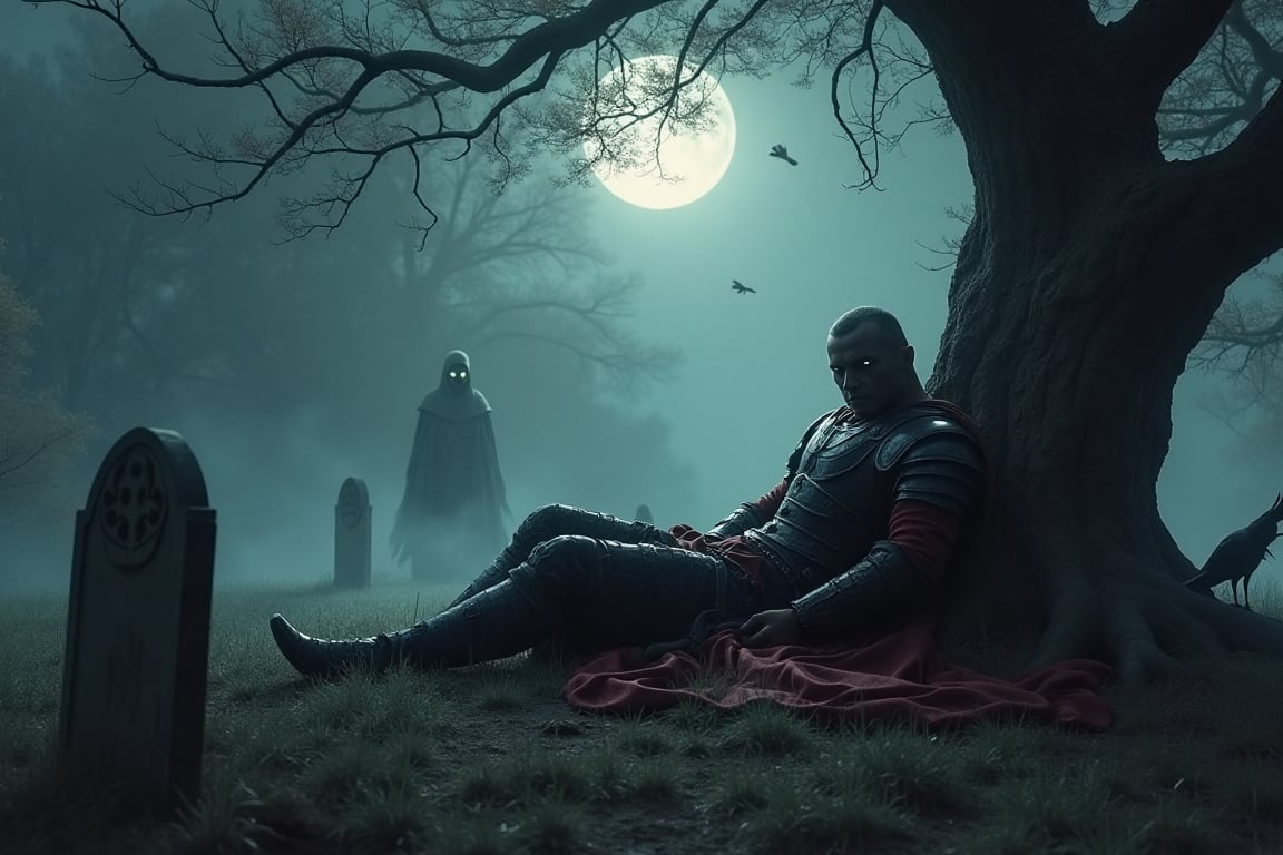 High quality, perfect composition

In a misty, moonlit clearing, a fallen warrior lies propped against a twisted tree, black and red armor gleaming dully. Ravens gather around as a ghostly figure with hollow eyes watches, half-hidden in the shadows. in the foreground: a tombstone, partly out of frame.

Mythical, eerie creatures, and medieval, dark fantasy worlds.

Style: Dark fantasy with gothic visuals, marked by rich, deep colors and highly detailed characters,
in the style of Gerald Brom