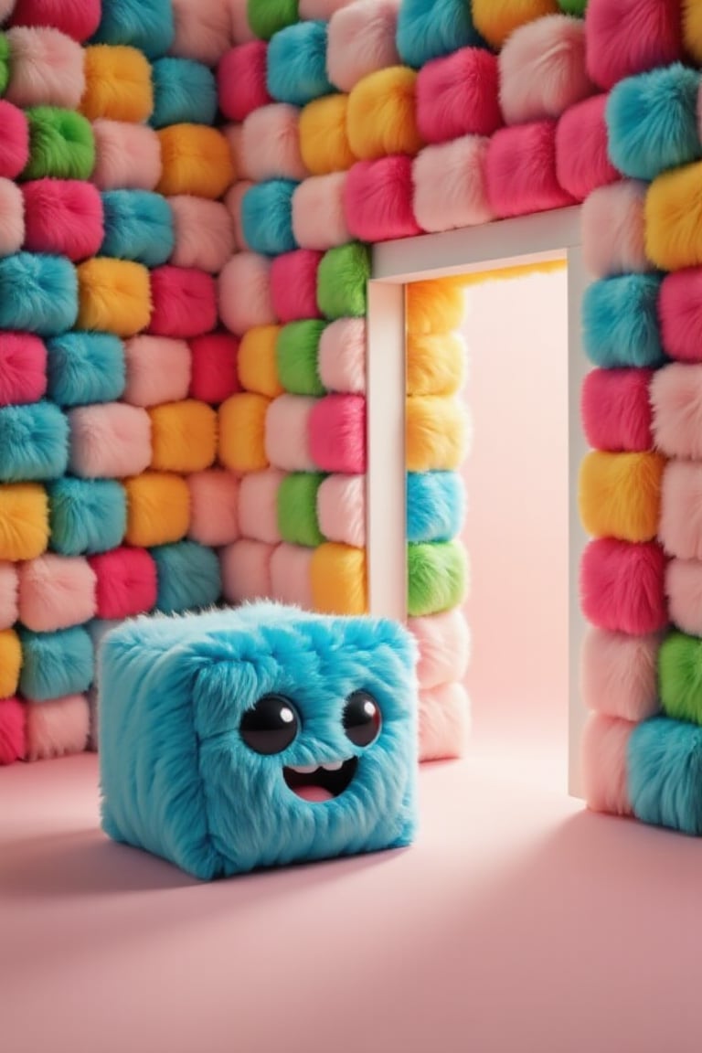 (((A wall out of many coloured cubes that are tasty candy cubes; they are not fluffy, but edible; so tasty, yummi))). But only the vibrant blue cube-shaped mascot is happy and smiling, it is fluffy. Focus on the smile.
A door opens, putting the scene into perfect lighting.