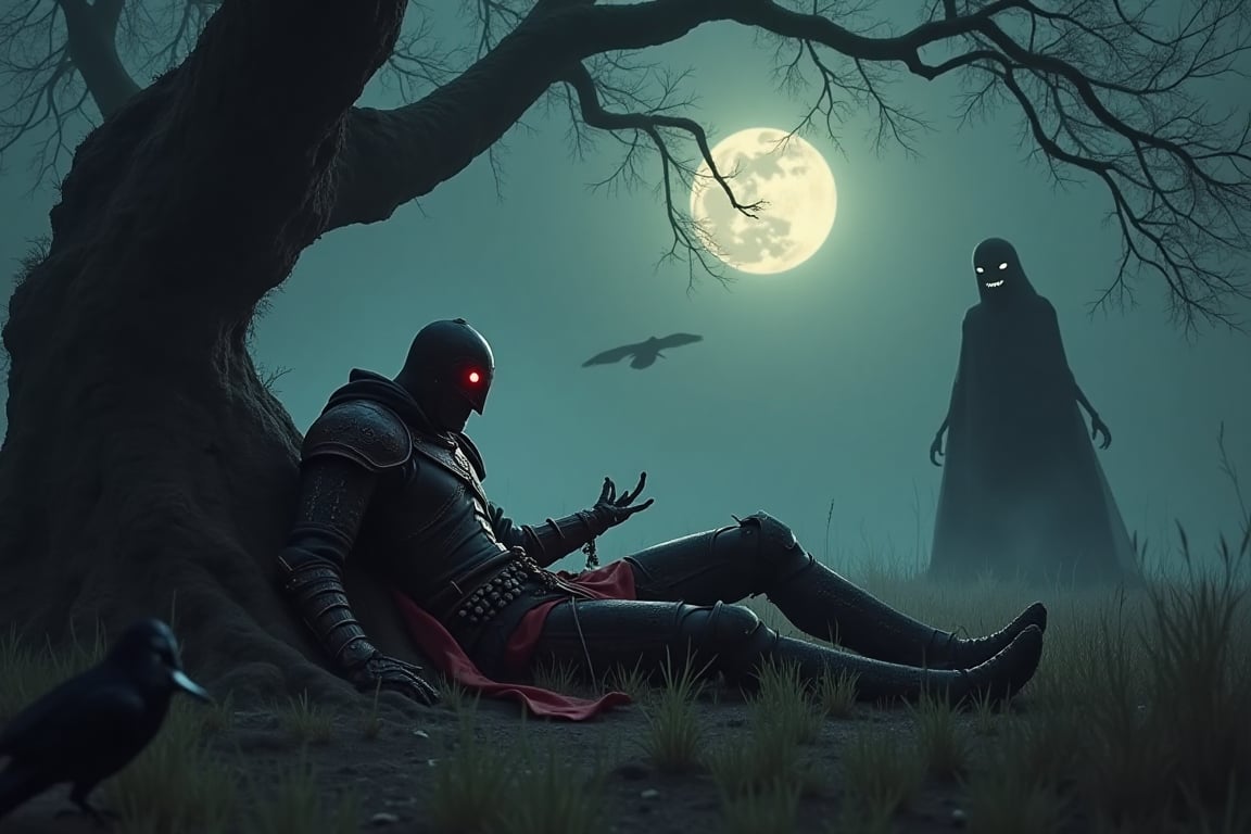 High quality, perfect composition

In a misty, moonlit clearing, a fallen warrior lies propped against a twisted tree, black and red armor gleaming dully. Ravens gather around as a ghostly figure with hollow eyes watches, half-hidden in the shadows. in the foreground: a tombstone, partly out of frame.

Mythical, eerie creatures, and medieval, dark fantasy worlds.

Warm colours, The picture shows an anti hero, he is an undead skeleton and very aesthetic

Style: Dark fantasy with gothic visuals, marked by rich, deep colors and highly detailed characters,
in the style of Gerald Brom