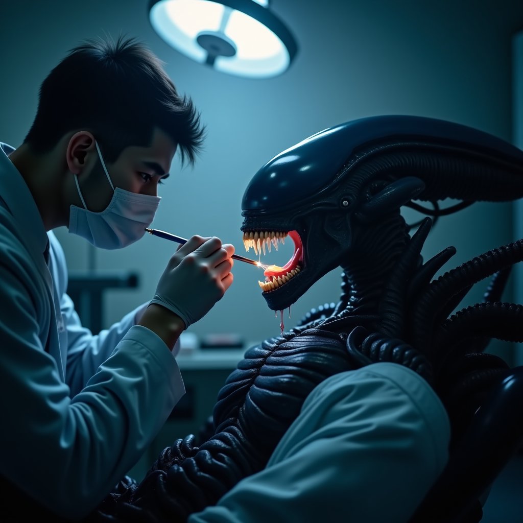 1guy,  1 xenomorph The xenomorph looks realistic,  right from the movie. It looks frightening: very dark blue by Hyper Hyp...