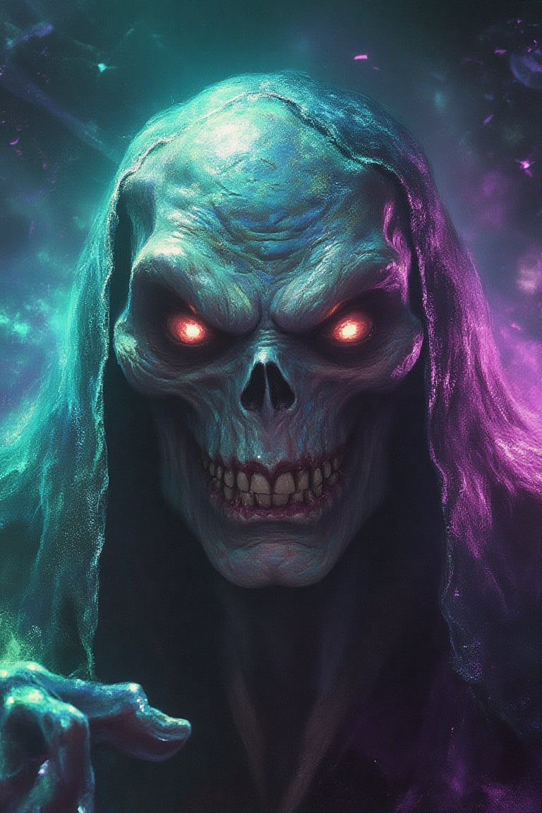 A close-up portrait of a quirky, humorous phantom in a vibrant yet slightly eerie dystopian setting, featuring realistic yet lively colors. The scene captures an intricate and elegant style with playful details—perhaps the phantom has a wide, mischievous grin or exaggerated, expressive eyes. The background is detailed, showing a foggy, atmospheric landscape filled with bright light particles, a slight film grain, and dust motes floating around. The overall look is sharp, smooth, and textured, with a vintage touch. The setting and character maintain a balance between dark tones and bursts of vivid color, adding an amusing contrast to the ghostly theme.