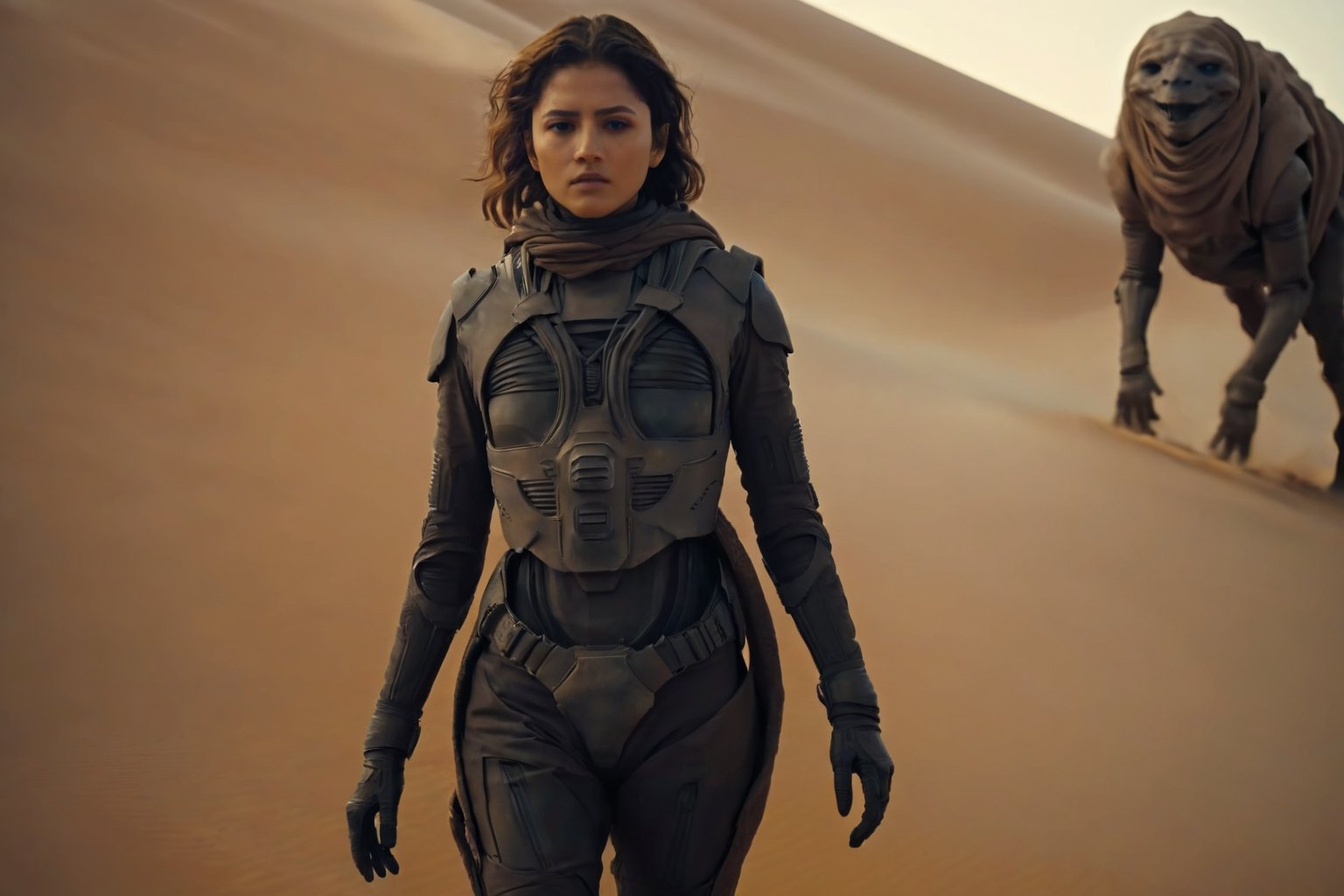 1girl,(((chani))), ((well visible face)),,
Masterful, perfect lighting, uhd,

chani is being followed by a creature

the lighting and composition reflect a sinister atmosphere
,Dune,directed by Denis Villeneuve,cinematic,movie,futuristic,sci-fi,

(perfect hands, perfect eyes), (suit), (gauntlets)