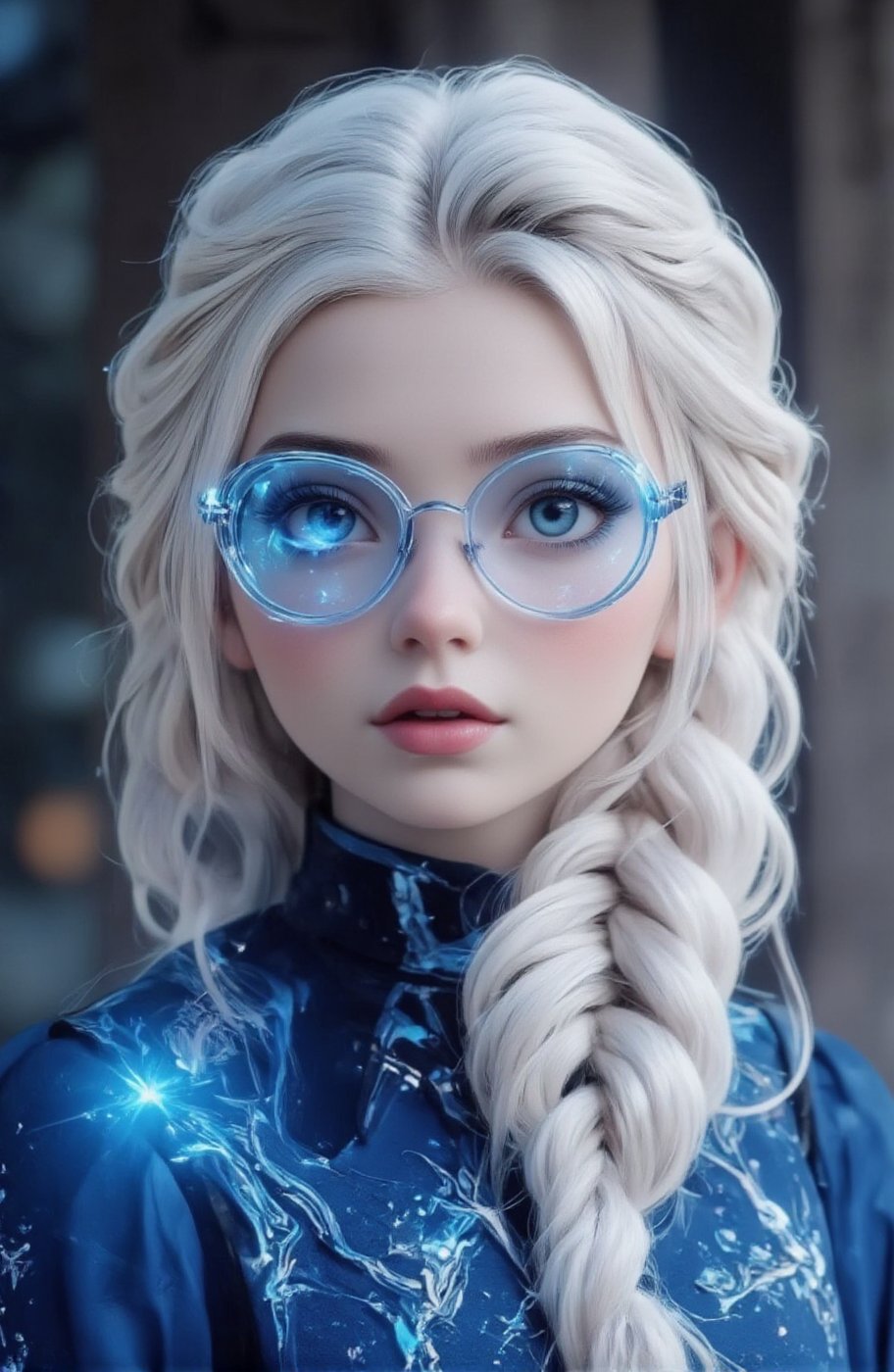 A surreal ice girl, face portrait, futuristic glasses and clothes, the glasses consisting of very fine and well designed Ice, neon gradient coloured.
The glasses are symmetric
The clothes are blue, thin, tight, translucent, portraying snow flakes

Full lips.
The hair is natural platinum white, with a thin, expertly made single braid.
a young woman with fair skin.
Very orderly smooth hair, well kempt, no extra hairdo except from the braid.
Her overall appearance is regal and composed, with an air of grace and confidence, representing her role as the Queen and her mastery over ice and snow.
She looks like Elsa from Disney. She has large, expressive blue eyes. 
She has large, expressive blue eyes and delicate facial features


No jacket. No strange ears.
Perfect hands with perfect fingers