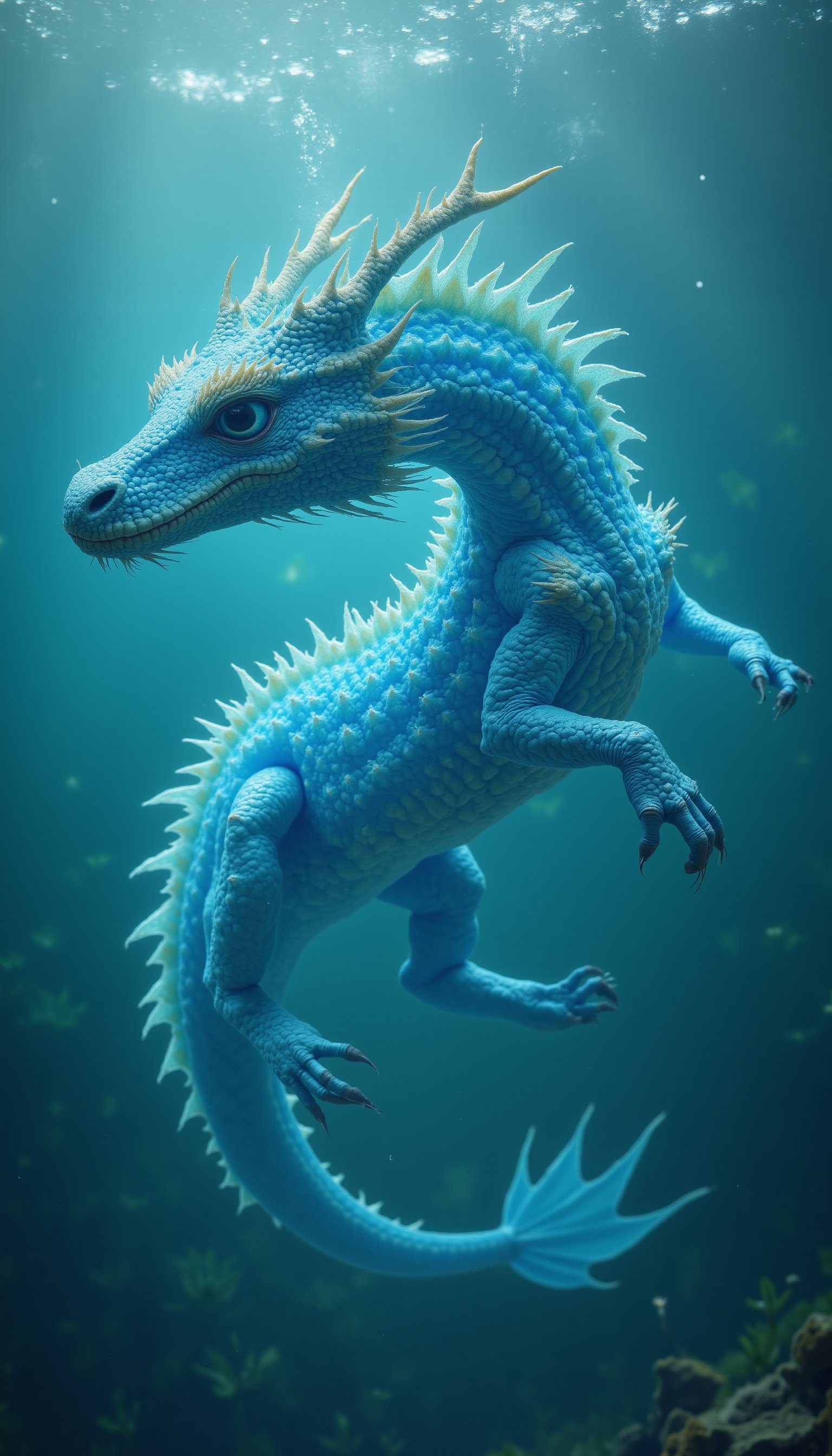 Dragon, swimming underwater. The dragon is stunning, masterfully put in scene

extremely slender, colour of its area as camouflage: it is as blue and translucent as the sea it swims through
(((Very long snout)))
It is a creature of the sea, having webbed feet; (((its scales are wet))).
It has long upper canines, that are visible even withmouth closed
(no deformities, no missing limbs, no extra limbs):1.5

(((((perfect tail))))), (((((perfect legs and arms, they are kept close to the body ))))),
(((perfect hands and feets)))
(no split up spikes or split up thorns or split up tail):1.5
((no red dragon)):1.5
((no severed limbs)):1.5
(no debris, no strange fragments):1.5

VNS_Add more details,art_solyanka,crystalz,Sparkle Glowing, wuwa_style