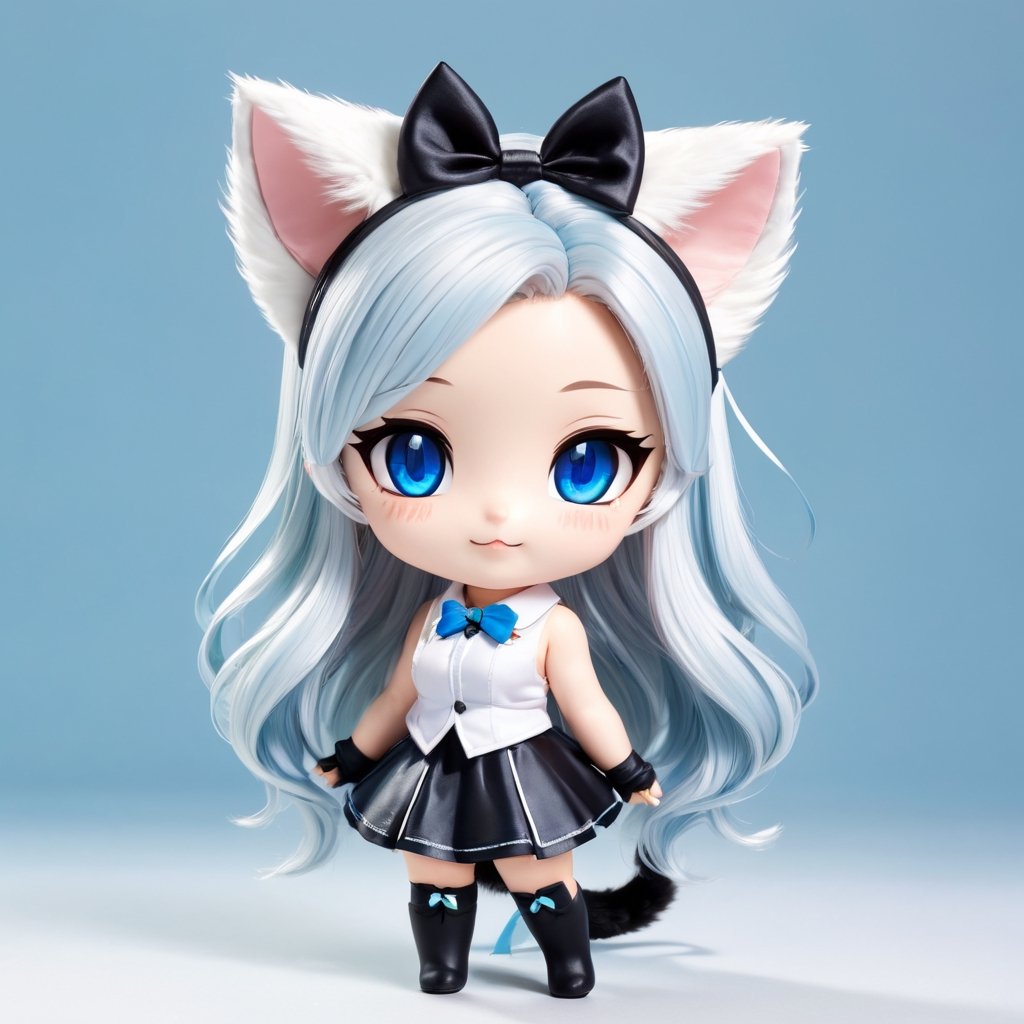 1girl,Beast Ears,Tail,Chibi,White Hair,Cat Ears,solo,cat tail,Long hair,hair accessories,Catwoman,Virtual youtuber,Skirt,blue eyes,ahoge,Bow,white background,Beast Ear Fluff,Hairpin,Keep,
