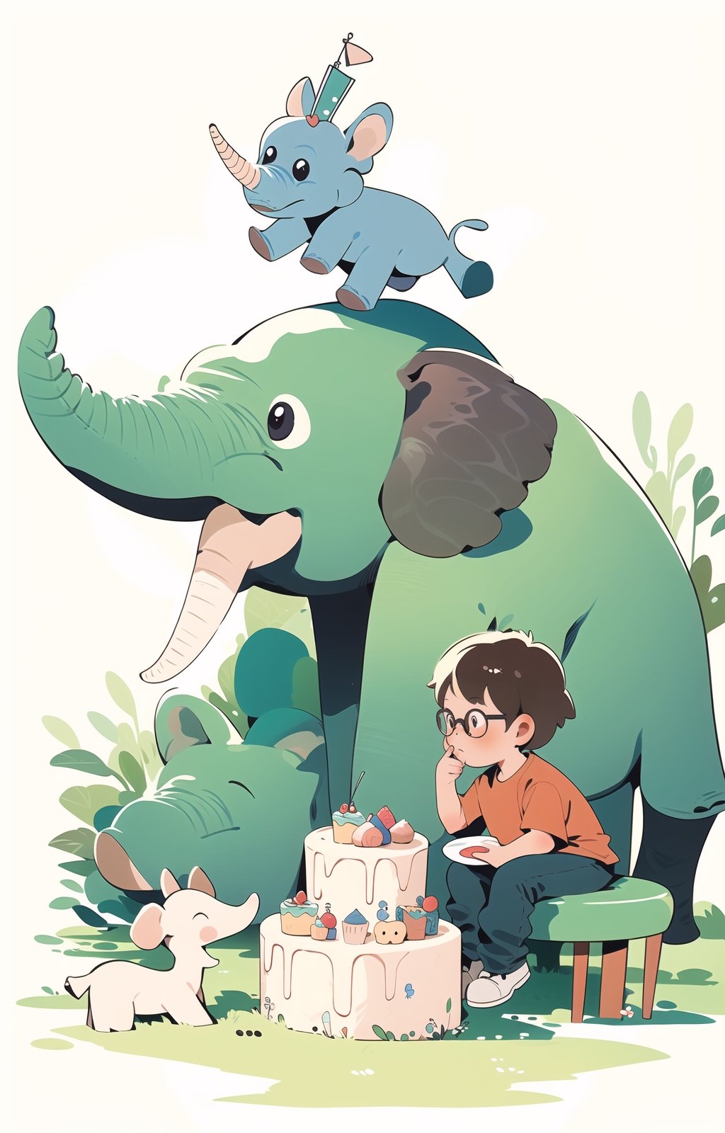 Cute elephant wearing glasses and holding cake,  Hiro Arakawa,  flat illustration by user_684624865361241555 on Tensor.Art