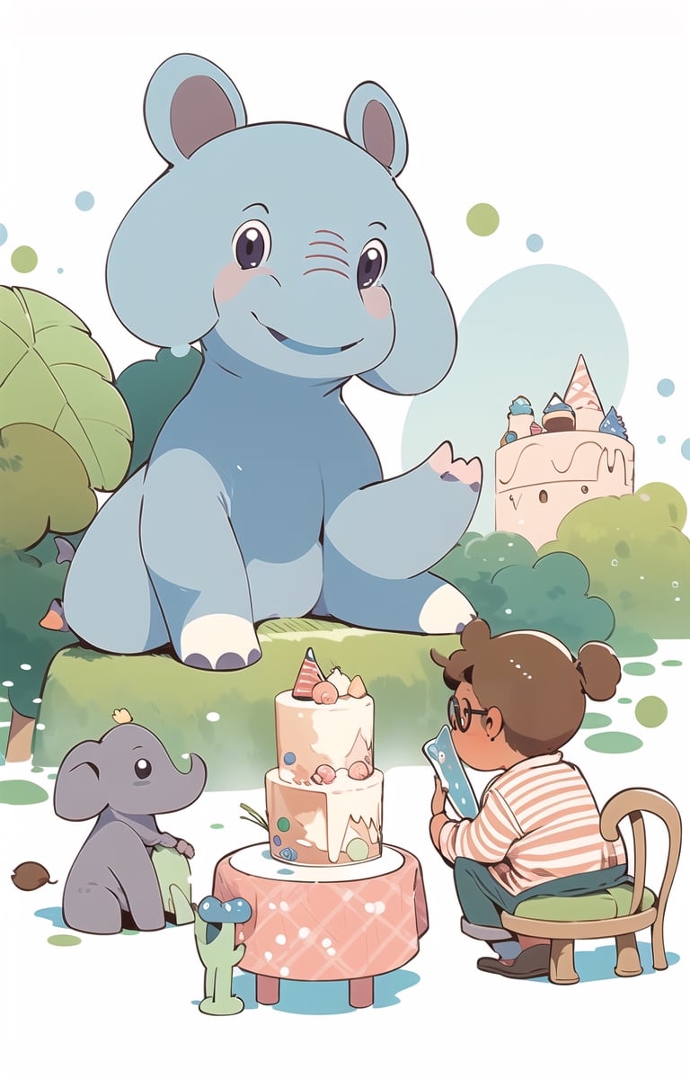 Cute elephant wearing glasses and holding cake, Hiro Arakawa, flat illustration, children's illustration, gouache acrylic, minimalist, super high definition  