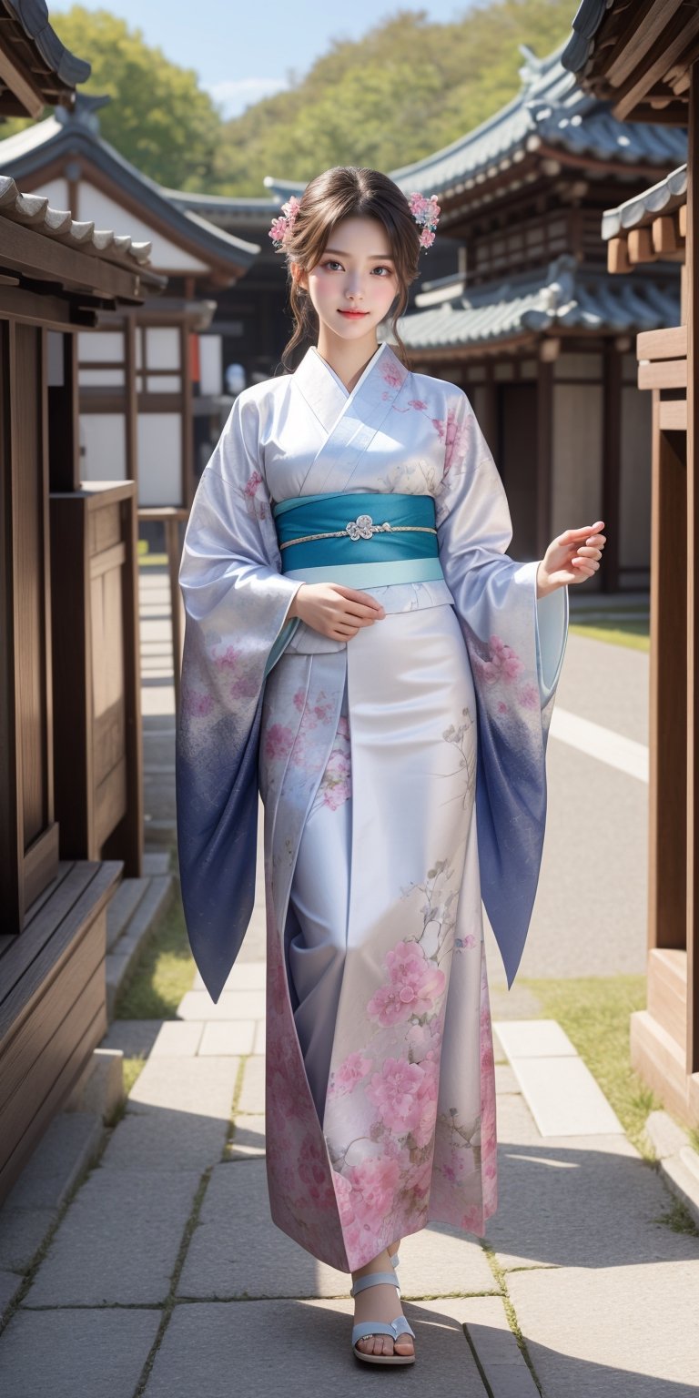 {{Beautiful and detailed eyes},full_body,
Detailed face, detailed eyes, slender face, real hands, cute Korean girlfriend 17 year old girl, perfect model body, looking at camera, sad smile, dynamic pose, furisode, kimono, shrine, hatsumode , medium breasts, cosmetics advertising model, her one girl is walking,Realism