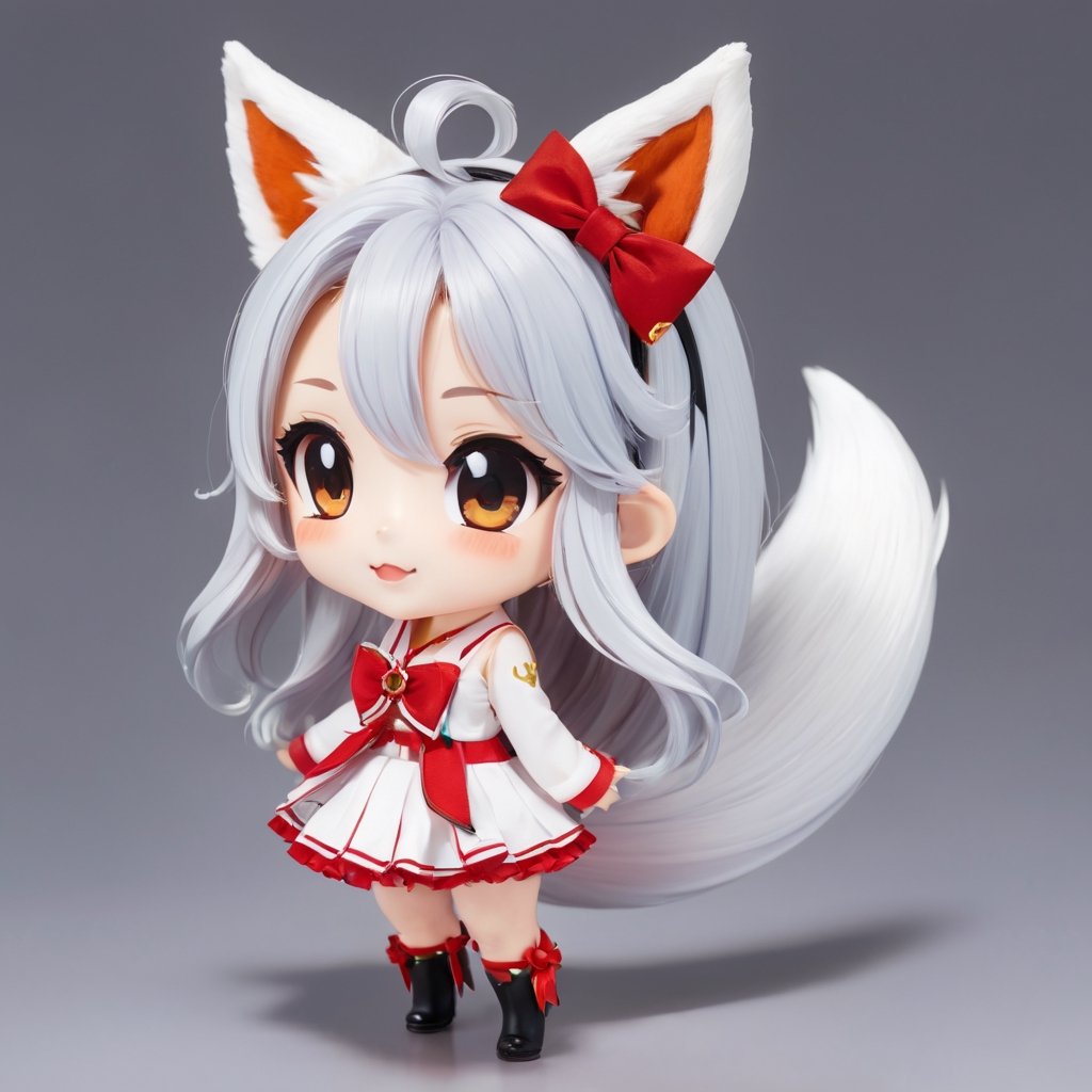 1girl,Beast Ears,Tail,Chibi,White Hair,Fox Ears,solo,Fox tail,Long hair,hair accessories,Virtual youtuber,Skirt,black eyes,ahoge,Bow,Beast Ear Fluff,Hairpin,Keep,
