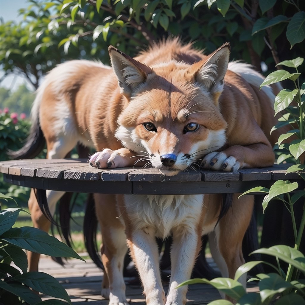 a fox in the table,(Masterpiece, Best Quality, Ultra-Detailed, 8K), Cinematic Lighting, Midway.,The fox's fur should be realistic and look soft.This scene will be realized as an illustration, using digital art techniques to emphasize the complex details and vibrant colors of the garden.