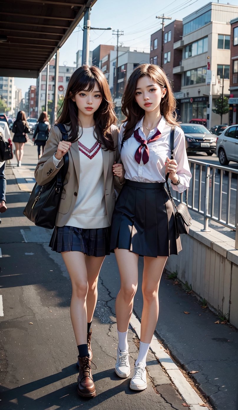 Masterpiece, best quality, official art,full_body , twin sister going to school together, finger detailed, detailed background, dynamic lighting