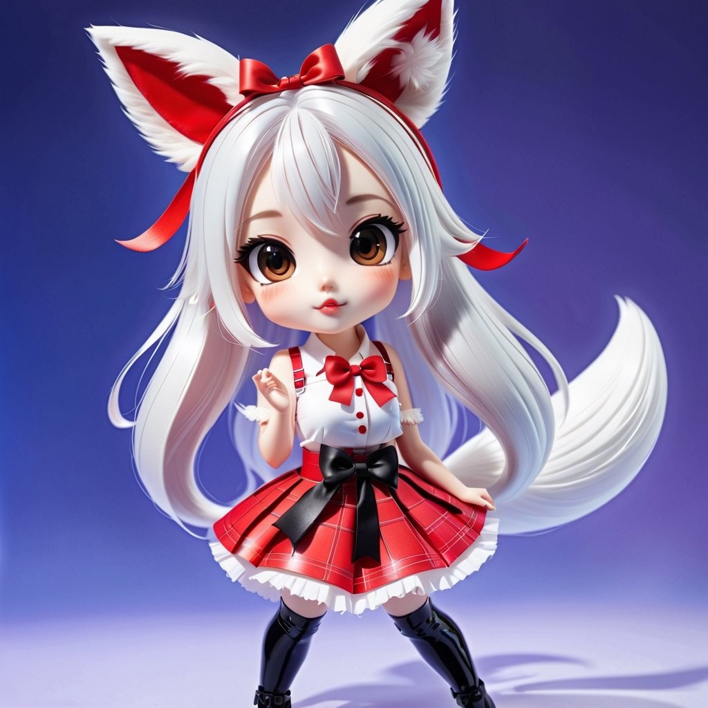 1girl,Beast Ears,Tail,Chibi,White Hair,Fox Ears,solo,Fox tail,Long hair,hair accessories,Virtual youtuber,Skirt,black eyes,ahoge,Bow,Beast Ear Fluff,Hairpin,Keep,
