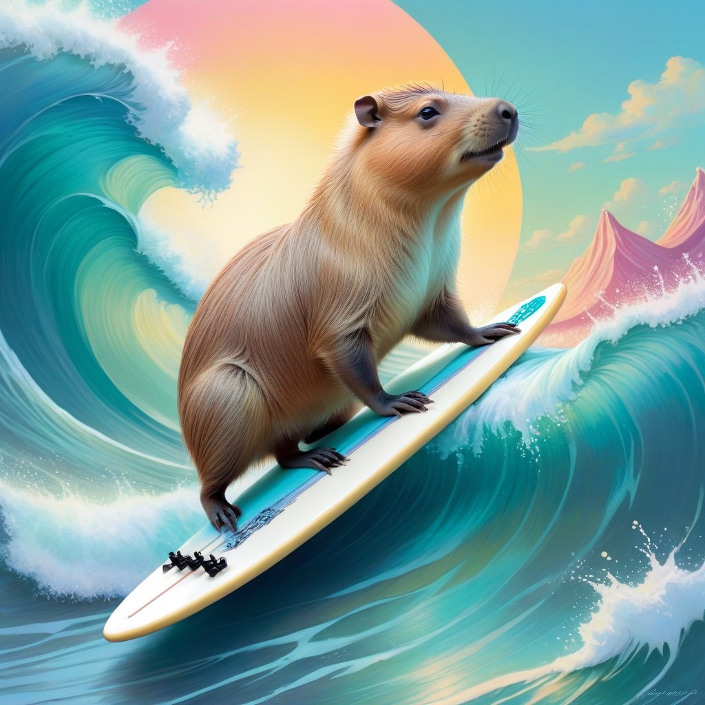 Pastel color palette, in dreamy soft pastel hues, pastelcore, pop surrealism poster illustration ||  A Majestic and trained capybara surfing on a surfboard on The Great Wave off Kanagawa While playing electric guitar  || bright hazy pastel colors, whimsical, impossible dream, pastelpunk aesthetic fantasycore art, beautiful soft pastel colors