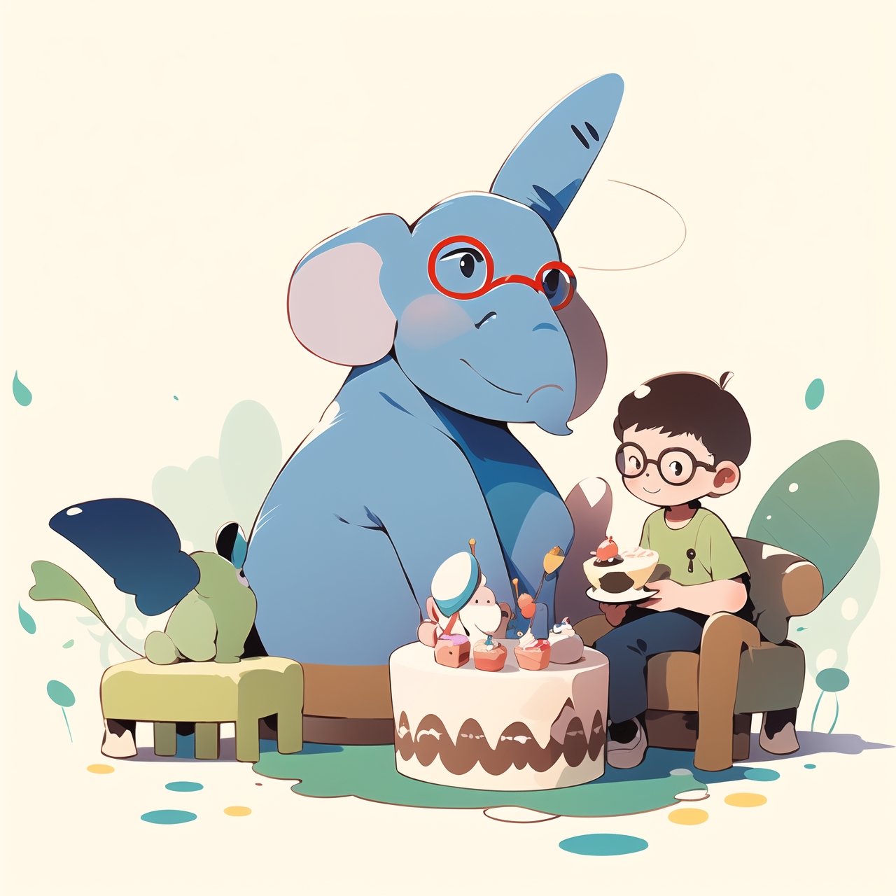 A Cute elephant wearing glasses and holding cake,  Hiro Arakawa,  flat illustration by user_684624865361241555 on Tensor.Art