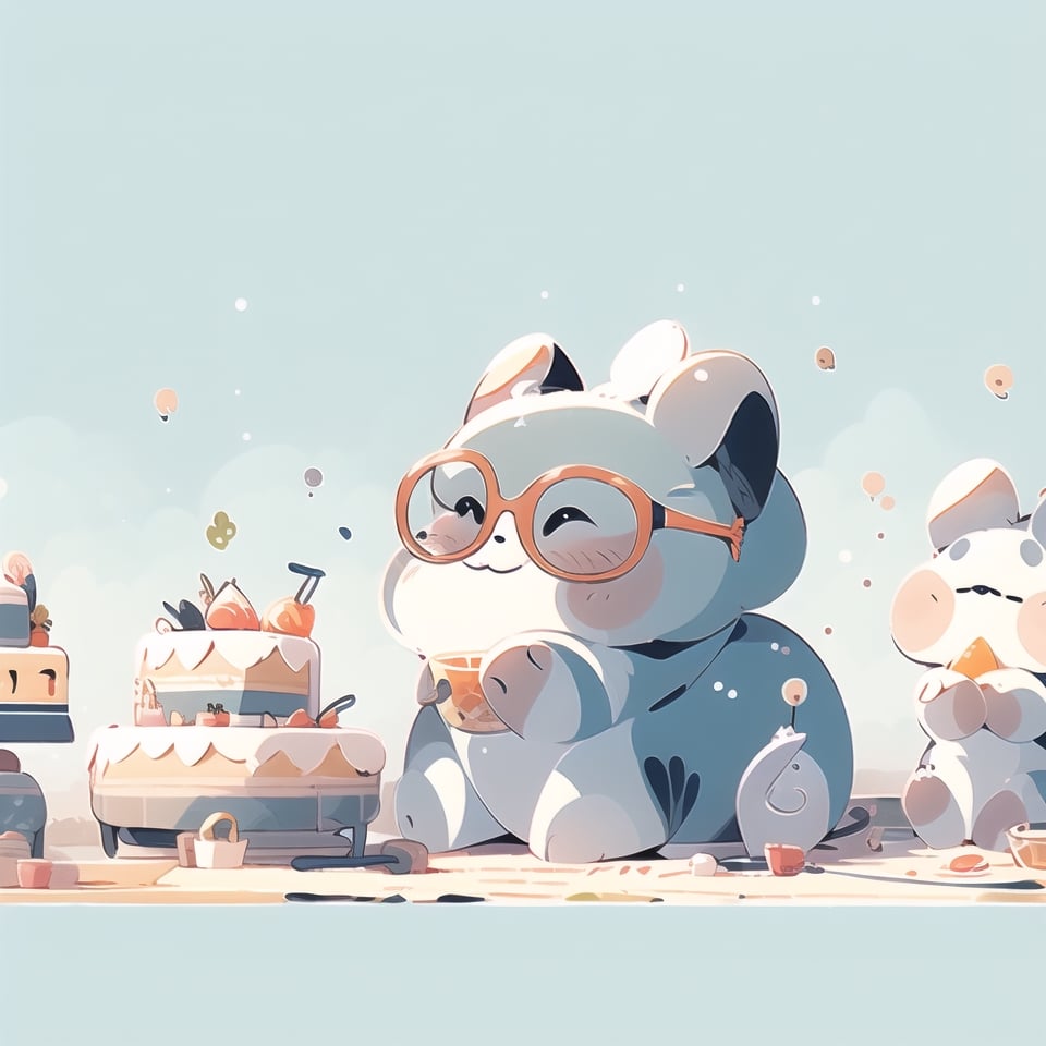  a cute elephant wearing glasses,holding cake, Hiro Arakawa, flat illustration,