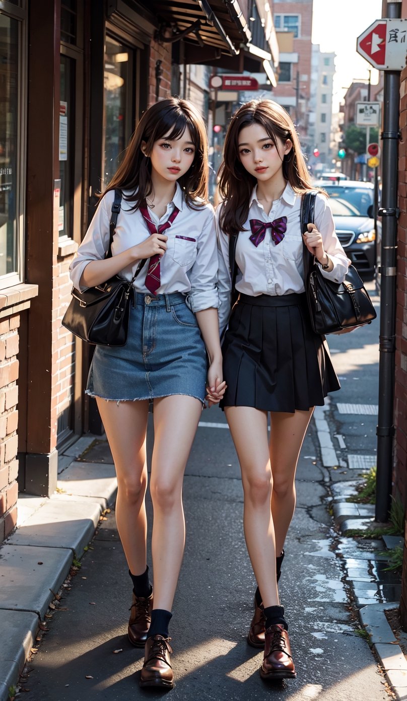 Masterpiece, best quality, official art,full_body , twin sister going to school together, finger detailed, detailed background, dynamic lighting