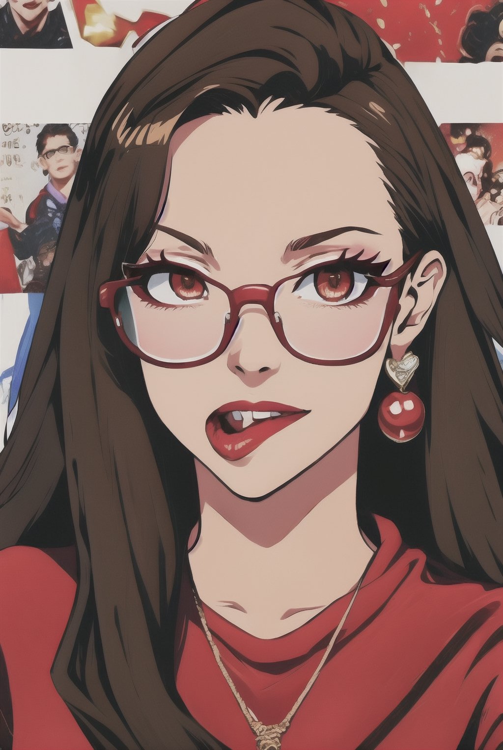 newspaper wall, glasses, parted lips, looking over eyewear,  black jacket, jewelry, long hair, jacket, red shirt, solo, upper body, brown hair, 1girl, necklace, earrings, red sweater, looking at viewer, red-tinted eyewear, sweater, red jacket, red lips ,Crazy face ,glitter,YAMATO,guweiz style, sexy