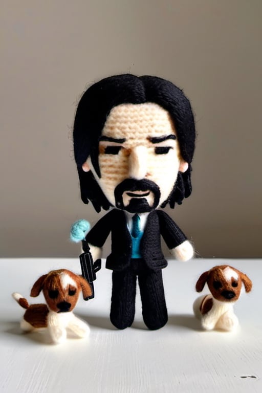 A knitted wool model of John Wick and his dogs. Big headed, cartoonish, cute, original colors, wielding knitted pistols.