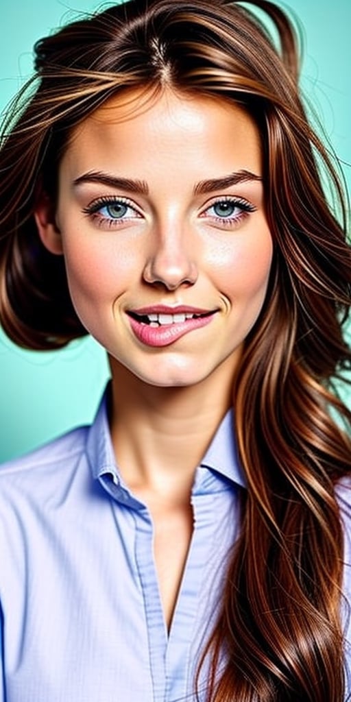 Generate hyper realistic image of a beautiful woman with long, brown hair cascading down. She looks directly at the viewer with a warm smile, showcasing her brown eyes. Dressed in a simple yet stylish ensemble, she wears a white shirt, and her lips curve into a charming smile. The viewer sees her from behind as she looks over her shoulder, accentuating her figure in denim jeans. The photo background adds a touch of authenticity to this casually elegant scene.