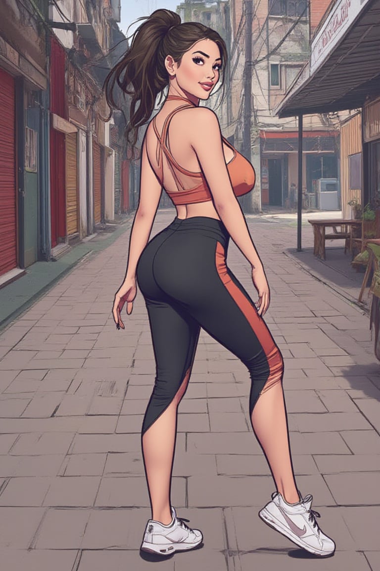 comic illustration of 40 year old sensual indonesian woman with hourglass body, ponytail, wearing sensual sporty clothing, hotpants , flirty smile at the viewer, at the urban alley, full body,  illustrated,webtoon_style